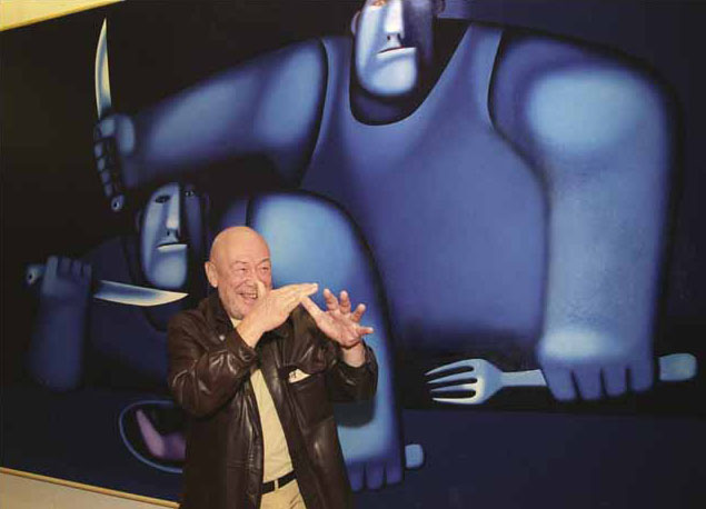 Oleg Tselkov in front of one of his paintings